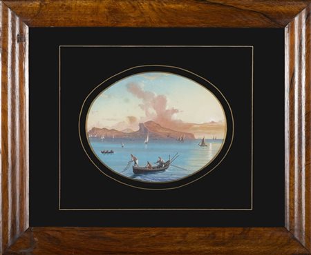 Scuola napoletana, secolo XIX "Veduta di Capri" gouache su carta ovale (cm 20x2