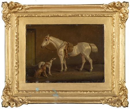 Scuola inglese, secolo XIX "Cavallo e levrieri" olio su tavola (cm 15x20) In co