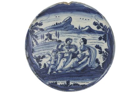 Alzata con Venere, Amore ed Elena (?) su paesaggio; marca Melega
ALBISSOLA, sec. XVII, metà.