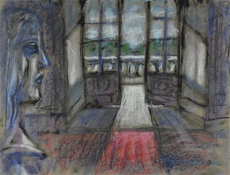 Enrico Allimandi LA STATUA E IL BALCONE tecnica mista su carta, cm 50x64...