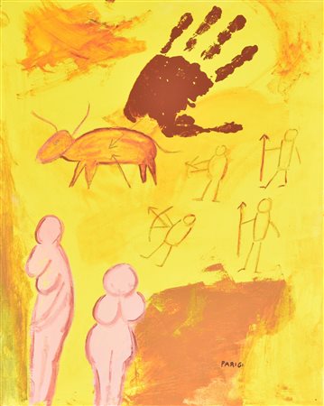 Claudio Parigi L'INIZIO DELL'ARTE acrilico su tela, cm 50x40 firma sul retro:...