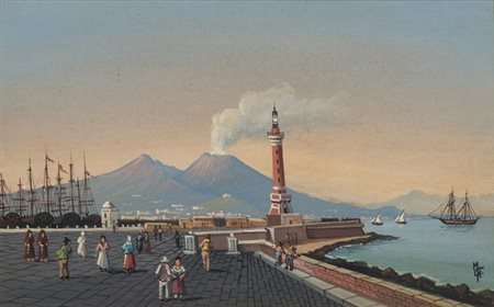 ANONIMO: Veduta del Vesuvio sul porto con il faro