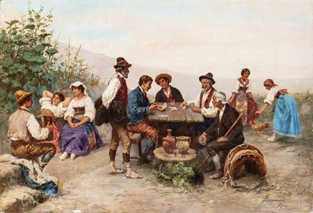 FRANCESCO BERGAMINI (Roma, 1851 - 1900): Partita a carte in campagna, XIX sec.