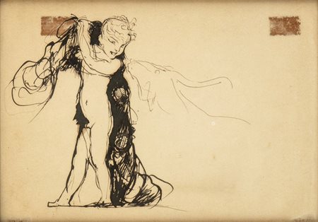 GIULIO ARISTIDE SARTORIO (Roma, 1860 - 1932): Un acquarello e due disegni: Tavola imbandita, 1884; Bambino con rete;          Figura femminile con statua alata 