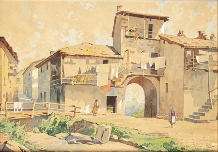 ENRICO BARTEZAGO (Milano, 1820 - 1905): Scorcio di paese 