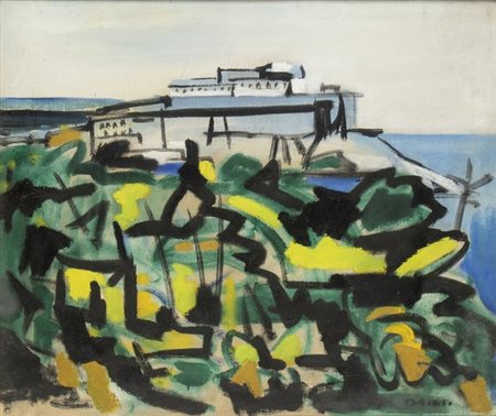 GIULIO TURCATO (Mantova 1912 - Roma 1995): Paesaggio marino con edificio azzurro