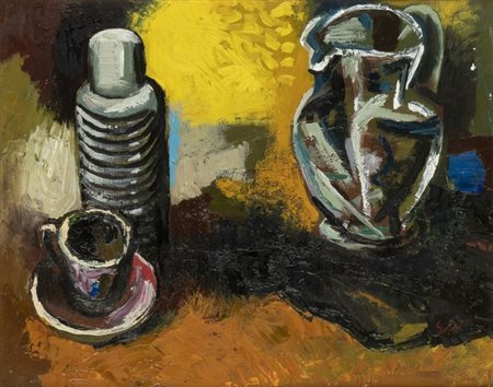 RENATO GUTTUSO (Bagheria, 1911 - Roma, 1987): Natura morta con bottiglie, 1958 ca.