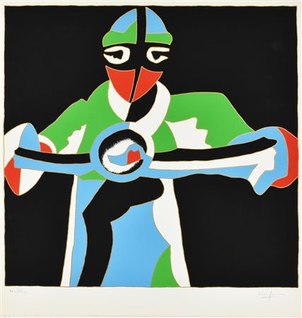 Ugo Nespolo IL MOTOCICLISTA serigrafia su carta, cm 54x50; es. 704/1000 firma