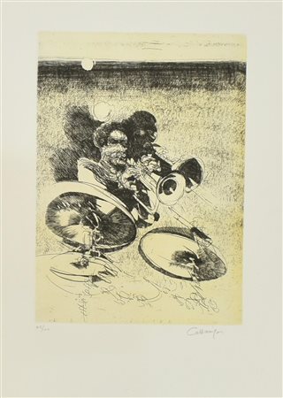 Giancarlo Cazzaniga JAZZ MANN acquaforte con fondino, mm 345x247, su foglio...