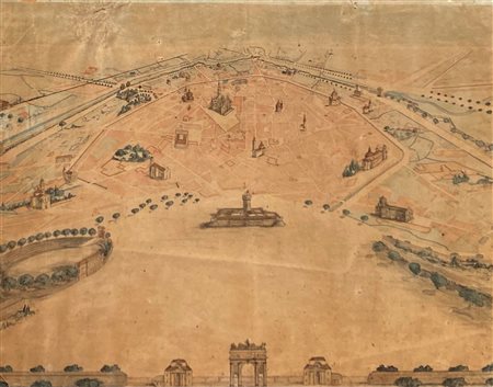 ANONIMO Anonimo (An) Milano a volo d'uccello Acquarello su carta dell'800...