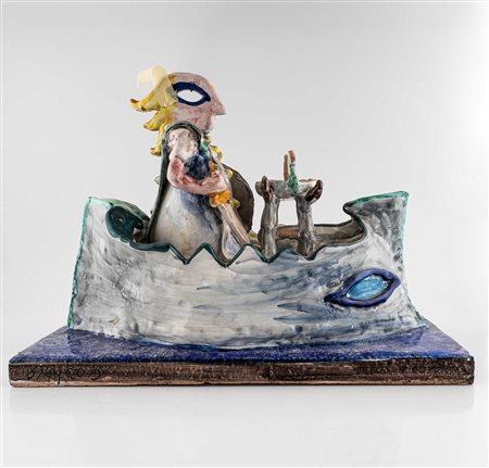 Enzo Bianco, Scultura con barca in terracotta invetriata