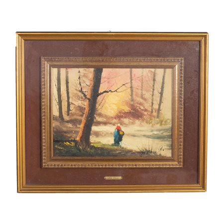 Paesaggio boschivo con figura femminile al centro