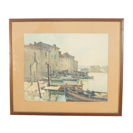 Acquerello raffigurante barche al molo