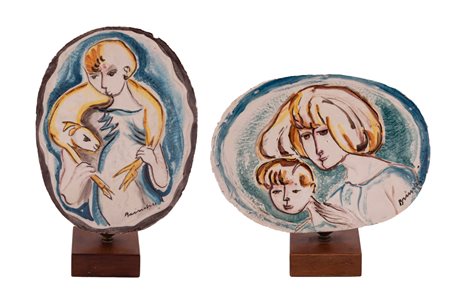 Brindisi Remo   (Roma, 25/04/1918 - Lido di Spina, 25/07/1996) 
Due piastre in ceramica: a) donna con bambino b) pastore 
Ceramica dipinta a) cm 24x31 e cm 33x31; b) cm 31x24 e cm 39x24