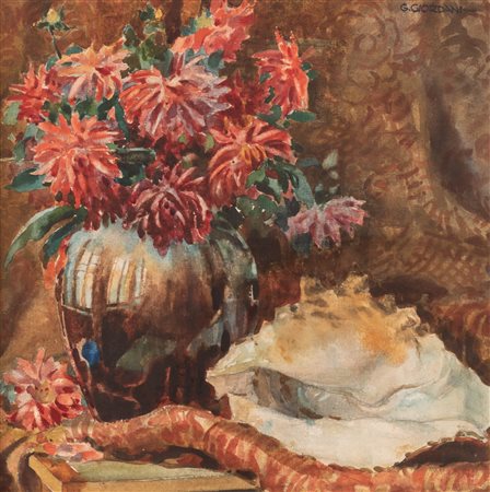 Giovanni Giordani   (Klagenfurt , 1884 - Trieste, 1969) 
Natura morta con fiori e conchiglie 
Acquarello su carta 41x40 cm e 72x65 cm