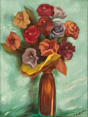 Clelia Bellocchio   (1904,  - 1992, ) 
Vaso di fiori 1965
olio su tela ovale applicato su campo rettangolare cm 38x29 e cm 53x44 