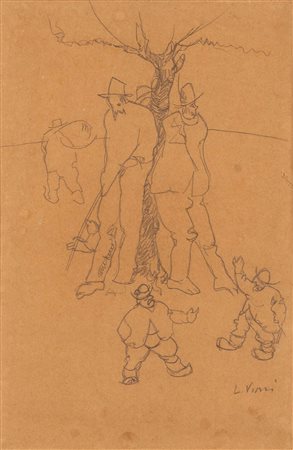 Lorenzo Viani   (Viareggio, 1882 - Roma, 1936) 
Strada con viandanti 
Matita su carta cm 32x21 e cm 53x42