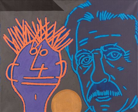Concetto Pozzati  (Vo, 1935 - Bologna, 2017) 
Autoritratto con maschera infantile 2001
Smalto e acrilico su tela 50x60 cm