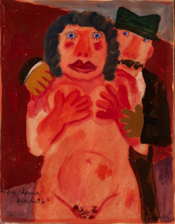 Franz Borghese  (Roma, 1941 - Roma, 2005) 
La donna perduta 1974
Olio su carta applicato su tavola cm 30x23 e cm 52x46