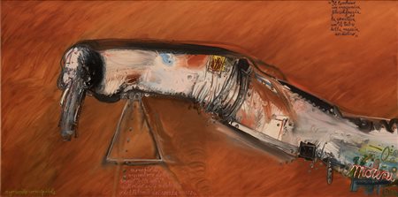 Mattia Moreni  (Pavia, 1920 - Brisighella, 1999) 
Il regressivo consapevole - Il lombrico con meccanica filosolfeggia la genetica con il tubo della marcia indietro 1984
Olio su tela 150x300 cm