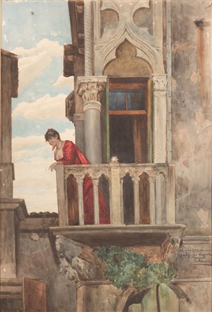 Enrico Tarenghi  (Roma, 1848 - Roma, 1938) 
Fanciulla al balcone 
Acquarello su carta 53x35 cm e 75x57 cm