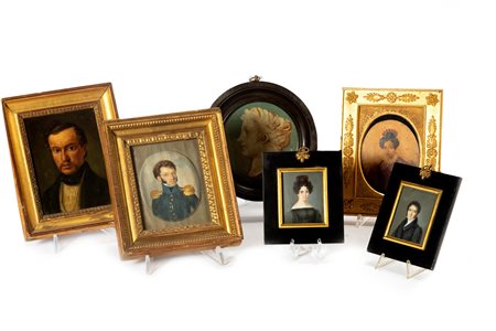 Lotto composto da cinque miniature e una stampa colorata a mano, prima metà del secolo XIX