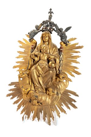 Altorilievo in bronzo dorato e argento raffigurante Madonna con Bambino in gloria, secolo XVIII