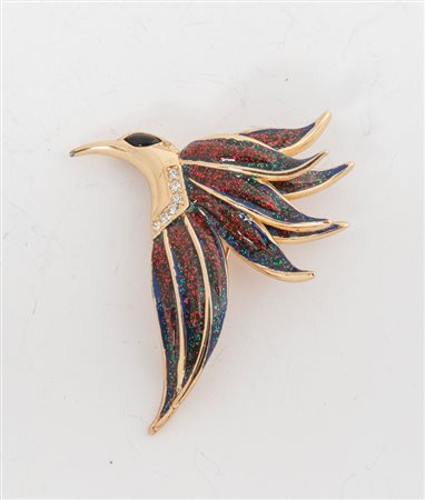 CHRISTIAN DIOR Spilla in metallo dorato e smaltato a forma di Colibrì. Cm...
