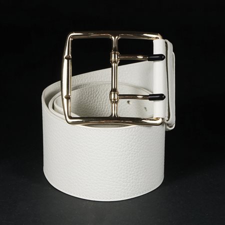 Hermès cintura a fascia in pelle bianca con alta fibbia dorata, mis. 85