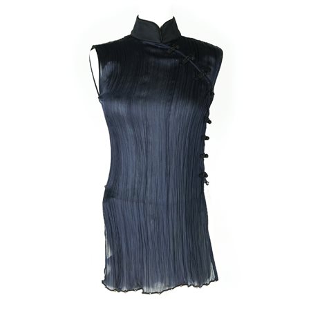 Christian Dior top di seta blu plissettato con profili in tessuto nero UNITO...