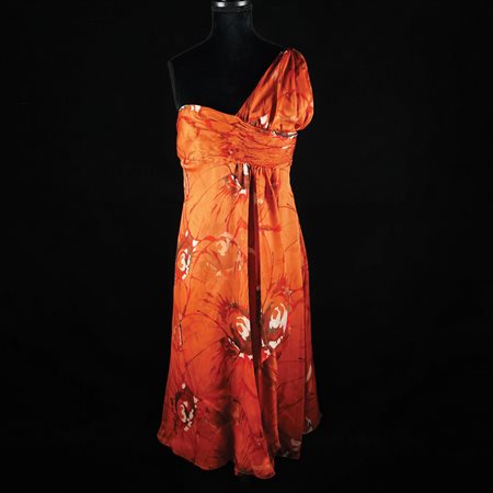 Valentino abito monospalla in seta a fondo arancio con stampa floreale...