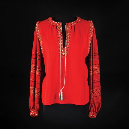 Yves Saint Laurent blusa in crêpe di lana rossa e ricami colorati. Collezione...