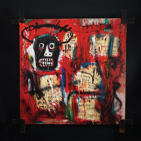 Emulo di Jean-Michel Basquiat Senza titolo olio e collage su tela, massimo...