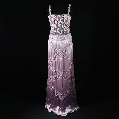 Valentino abito lungo con spalline, di raso di seta rosa e tulle con...