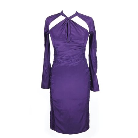 Gucci abito a manica lunga in seta viola con fasce pieghettate e schiena...