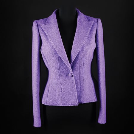 Valentino giacca in lana bouclé viola con nervature impunturate, tg. 6