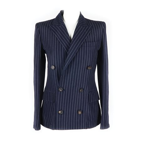 Jean Paul Gaultier blazer doppio petto in misto lana e lino gessato a fondo...