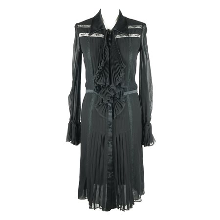 Valentino chemisier in crêpe di seta nero con ruches plissettate e inserti di...