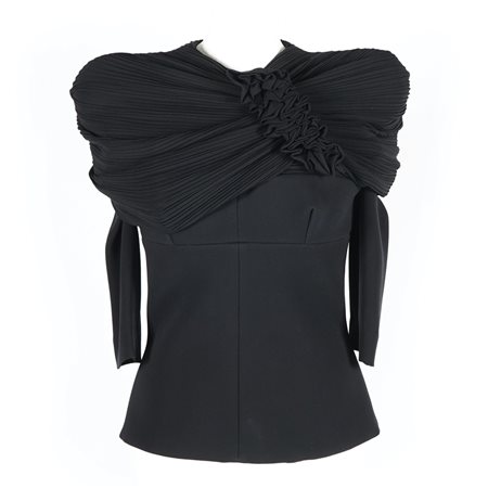 Balenciaga blusa in seta nera con corpetto abbellito da collo sciallato...