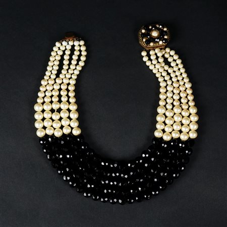 Collier de chien a cinque fili di sferette di vetro sfaccettato nero e finte...