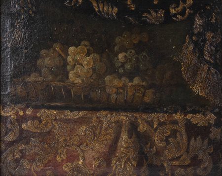 PITTORE ANONIMO<BR>"Natura morta entro cesto di frutta" XVII secolo