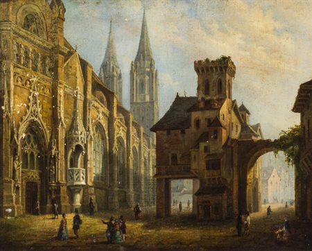DAUZATS ADRIEN (attribuito)<BR>Bordeaux 1804-1868 Parigi<BR>"Veduta di cattedrale"
