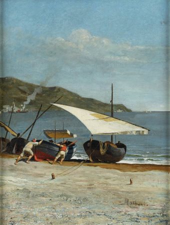 ADOLFO DALBESIO<BR>Torino 1857 - 1914 Orbassano (TO)<BR>"Barche e pescatori"