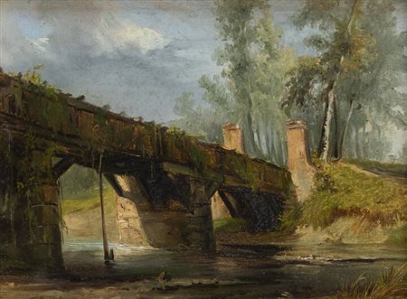 GAMBA ENRICO (attribuito)<BR>Torino 1831 - 1883<BR>"Studio dal vero -Ponte sulla Dora presso Torino"