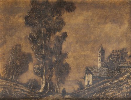 CORRADO FILIPPA<BR>Agliano (AT) 1893 - Torino 1974<BR>"Chiesetta nel paesaggio"