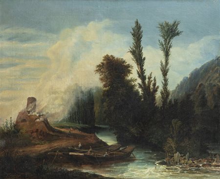 PITTORE ANONIMO DEL XIX SECOLO<BR>"Pescatori sul fiume"