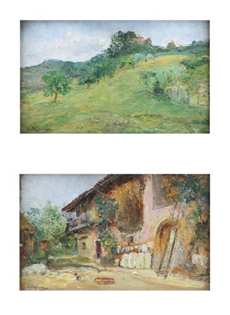 CESARE BISCARRA<BR>Torino 1866 - 1943<BR>a "Paesaggio"<BR>b "Veduta di casa di campagna con cortile"
