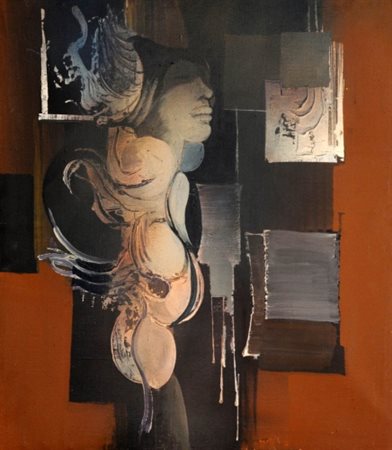 MARIO BIONDA (1913 - 1985) La stanza rossa Olio su tela, cm. 80 x 70 Firmato...