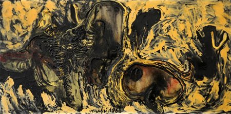 SERGIO VACCHI (1925) Figure d'oro , 1960 Olio su tela, cm. 50 x 100 Firmato e...