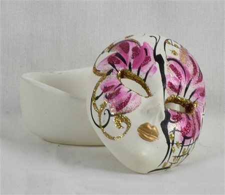 SCATOLA in ceramica con coperchio a forma di maschera veneziana cm 8x6x5